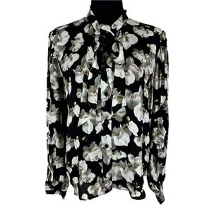 Ted Baker London Orchid Floral Tie Neck Bow Blouse Rich Black 2055016 M